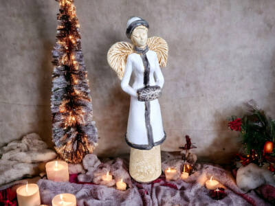 Figurka anioła Gia - biała szara brąz -  35 x 15 cm figurka dekoracyjna