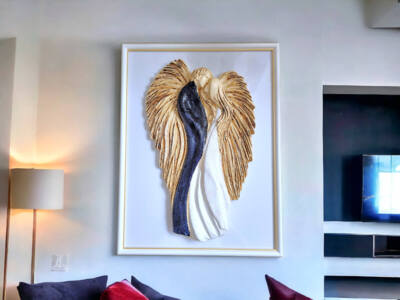 Figurka zakochanych aniołów + ramka - wiszące biało granatowe -  35 x 21 cm