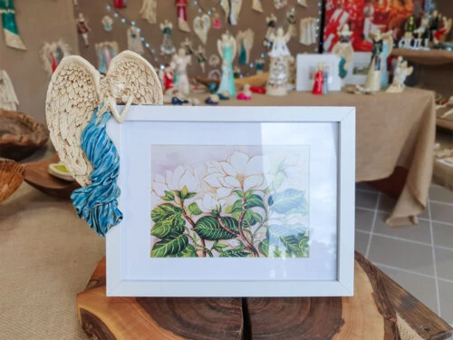 Anioł Andrea + Ramka Prosta - turkus Lewa -  19 x 11 cm figurka dekoracyjna