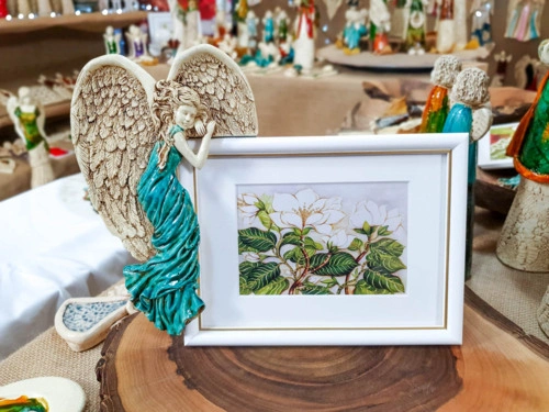 Anioł Andrea + Ramka - turkus lewa -  13 x 18 cm figurka dekoracyjna