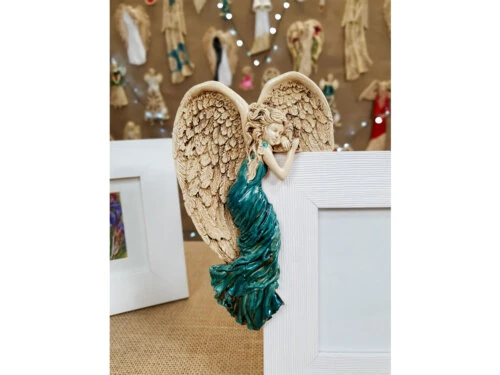 Anioł Andrea + Ramka - turkus Lewy -  19 x 11 cm figurka dekoracyjna