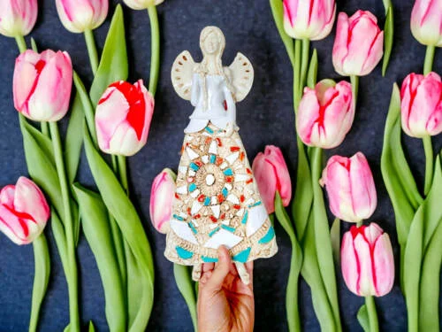 Figurka anioła Heather - biały pomarańcz turkus -  35 x 15 cm figurka dekoracyjna