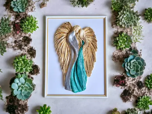 Figurka zakochanych aniołów + ramka - wiszące srebrno turkusowe -  35 x 21 cm figurka dekoracyjna