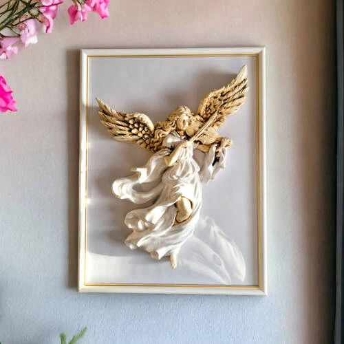 Figurka Anioł ze Skrzypcami z ramką - biała -  25 x 33 cm figurka dekoracyjna