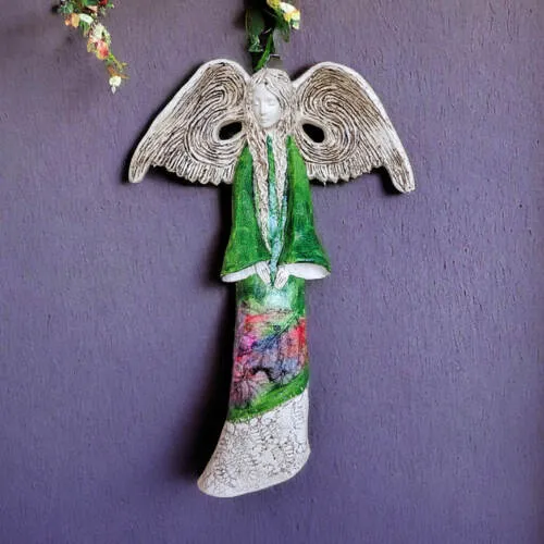 Figurka anioła Clara Art Leaf - zielona -  40 x 28 cm figurka dekoracyjna