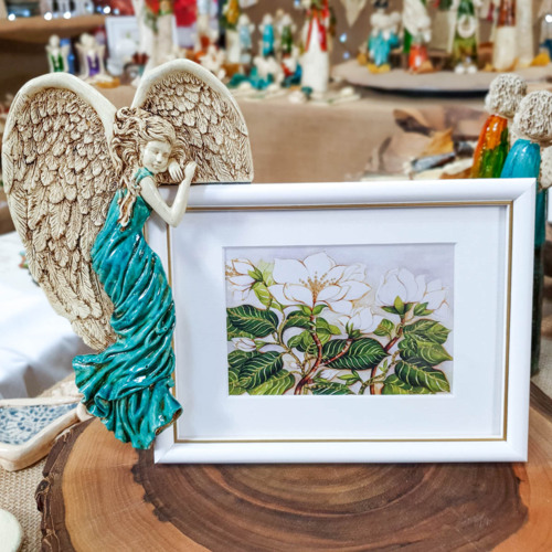 Anioł Andrea + Ramka - turkus lewa -  13 x 18 cm figurka dekoracyjna