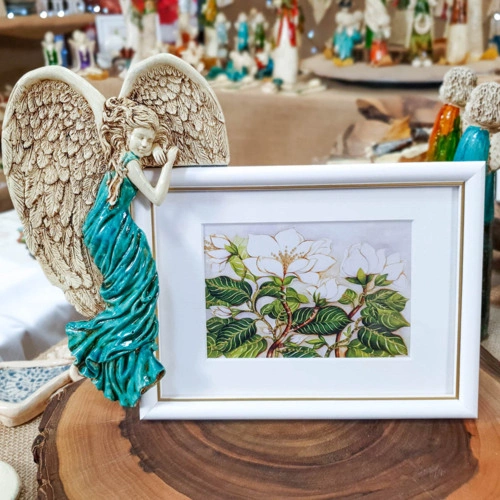 Anioł Andrea + Ramka - turkus lewa -  13 x 18 cm figurka dekoracyjna