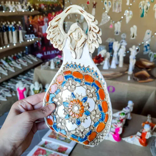 Figurka anioła obfitości - biały pomarańcz niebieski -  31 x 16 cm figurka dekoracyjna