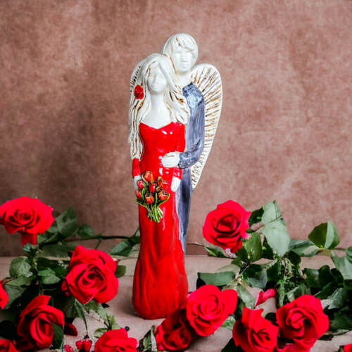 Miłujące Anioły - czerwono szare -  37 x 12 cm figurka dekoracyjna