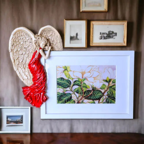 Anioł Andrea + Ramka Prosta - czerwony Lewy -  13 x 18 cm figurka dekoracyjna