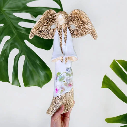 Figurka anioła Clara Art Leaf - biała -  40 x 28 cm figurka dekoracyjna