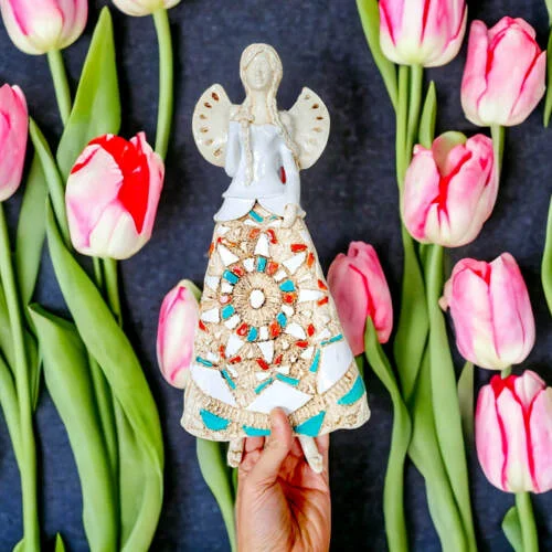 Figurka anioła Heather - biały pomarańcz turkus -  35 x 15 cm figurka dekoracyjna