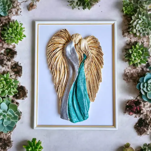 Figurka zakochanych aniołów + ramka - wiszące srebrno turkusowe -  35 x 21 cm figurka dekoracyjna