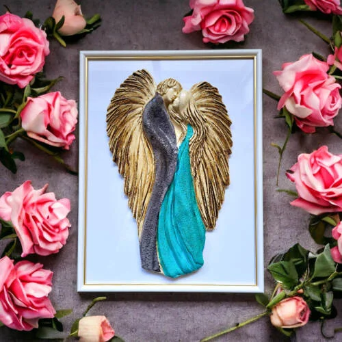 Figurka zakochanych aniołów + ramka - wiszące szaro turkusowe -  35 x 21 cm figurka dekoracyjna