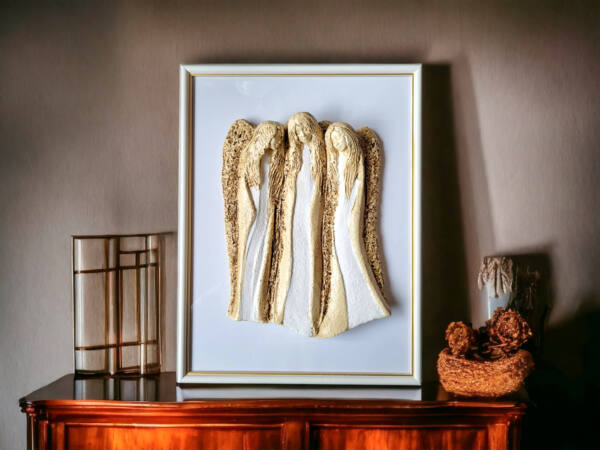 Figurka aniołów Wiara Nadzieja Miłość + ramka - białe -  28 x 20 cm